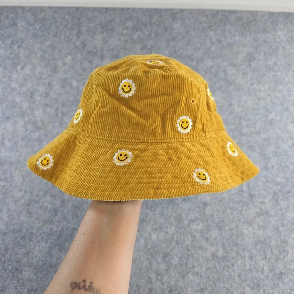 Mighty Fine Corduroy Smiling Daisy Bucket Hat Mustard Gold 100% Cotton Hipster